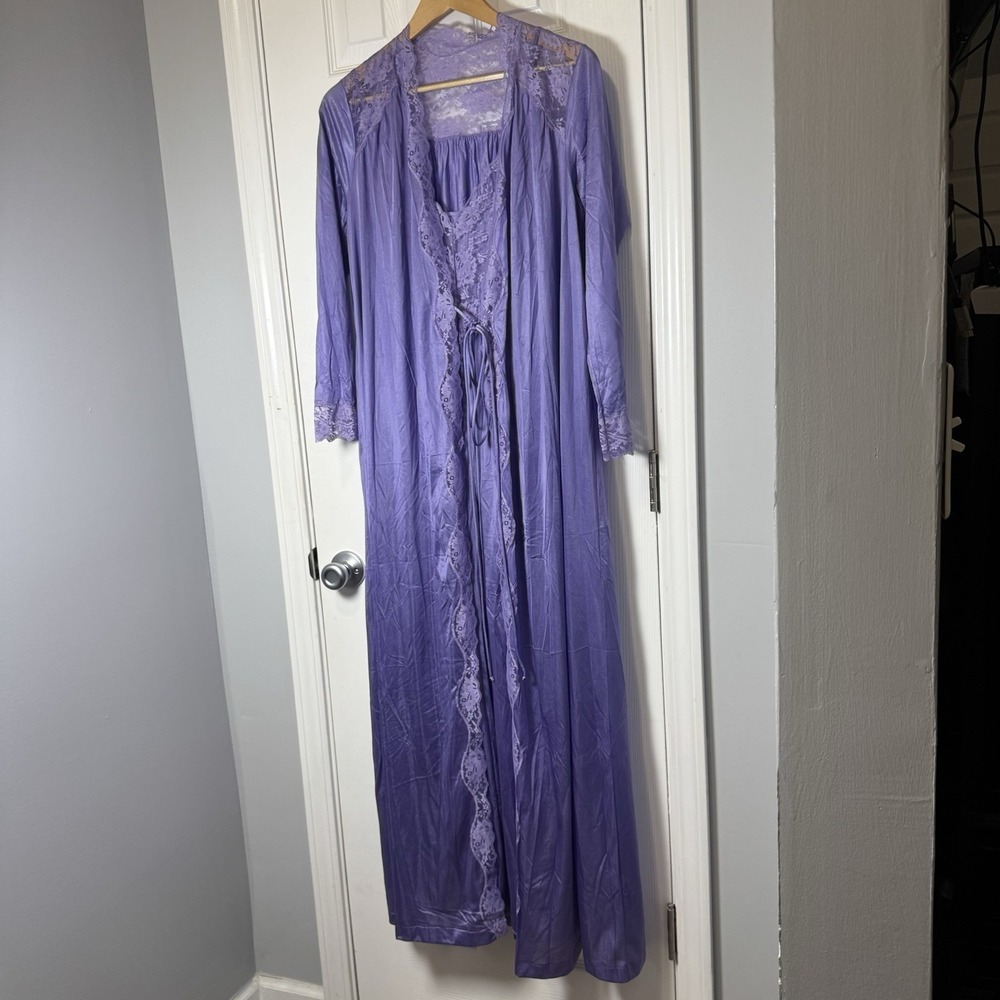 Vintage 70's Gilead Purple Long Nightgown Robe Gown Nylon Set Small S PJ